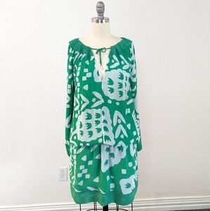 Diane von Furstenberg Mikino Pleated Neck Blouson Tunic Dress Green White 2